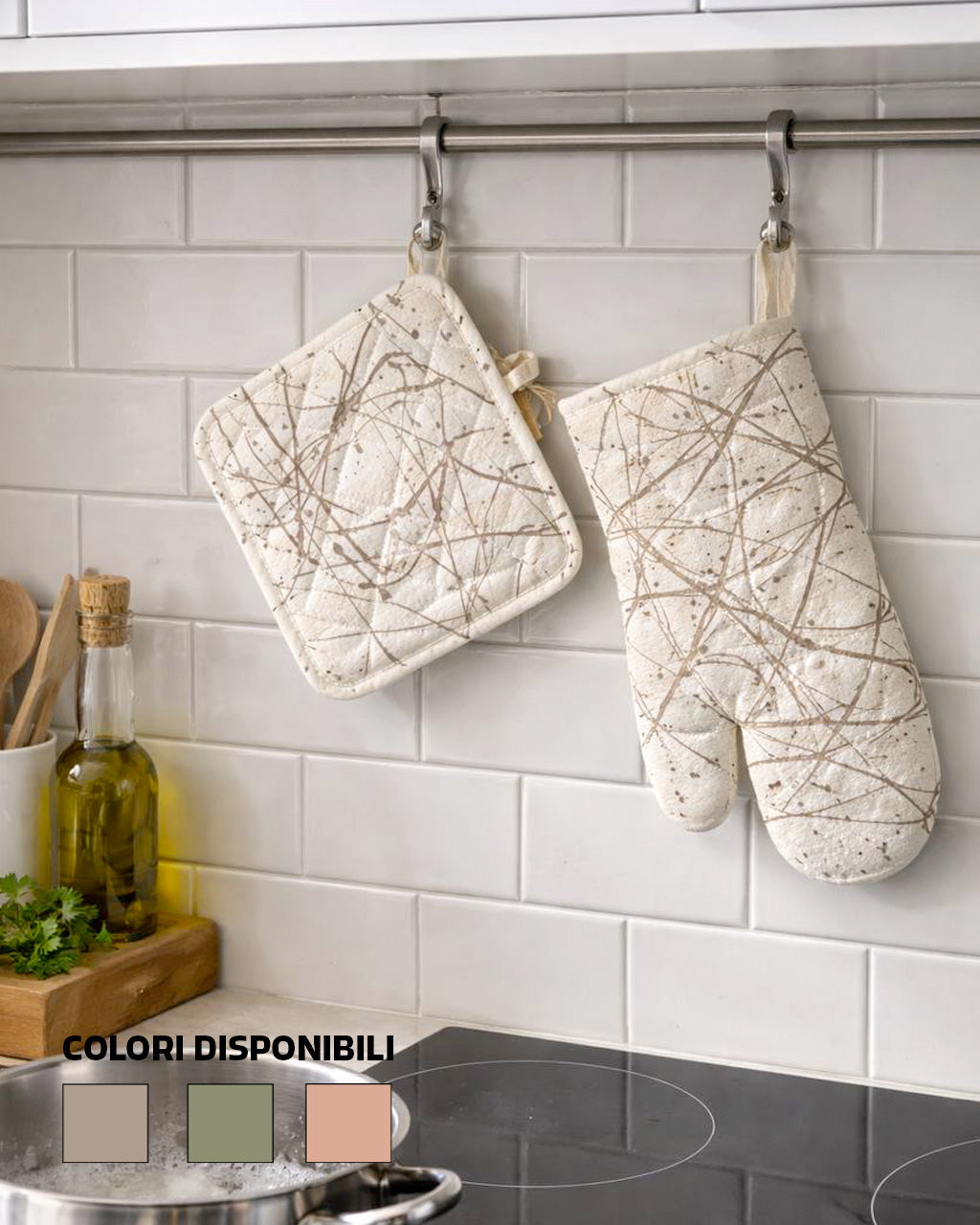 SET GUANTO FORNO E PRESINA CON SCHIZZI COLORATI