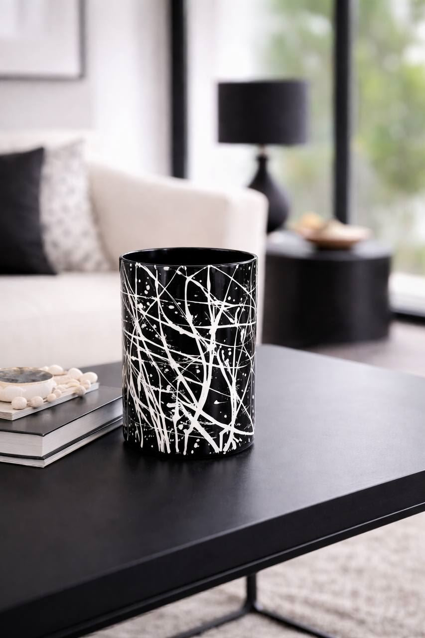 VASO IN VETRO NERO SCHIZZI BIANCHI