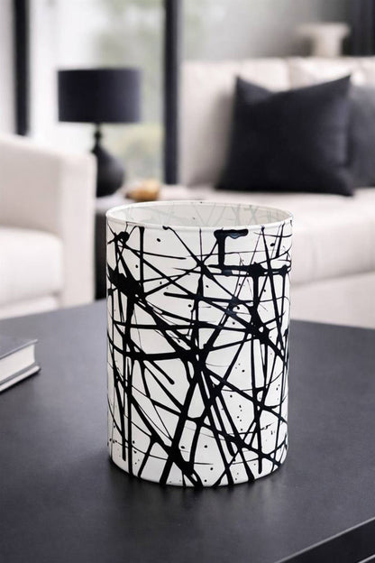 VASO IN VETRO BIANCO SCHIZZI NERI