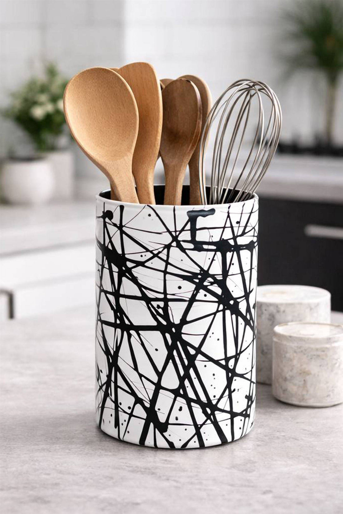 VASO IN VETRO BIANCO SCHIZZI NERI