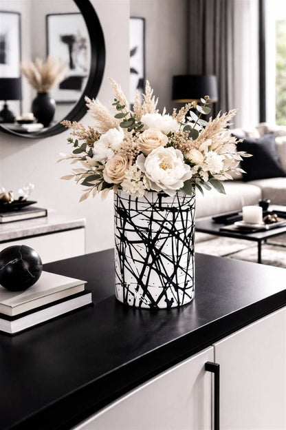 VASO IN VETRO BIANCO SCHIZZI NERI